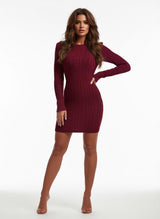 Cable Knit Fitted Dress - Wine