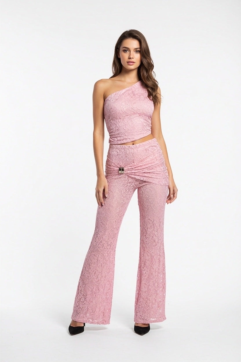 Lace One-Shoulder Co-ord Set - Baby Pink