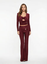 Cowl Neck Crop Top & Flared Trousers Set - Wine