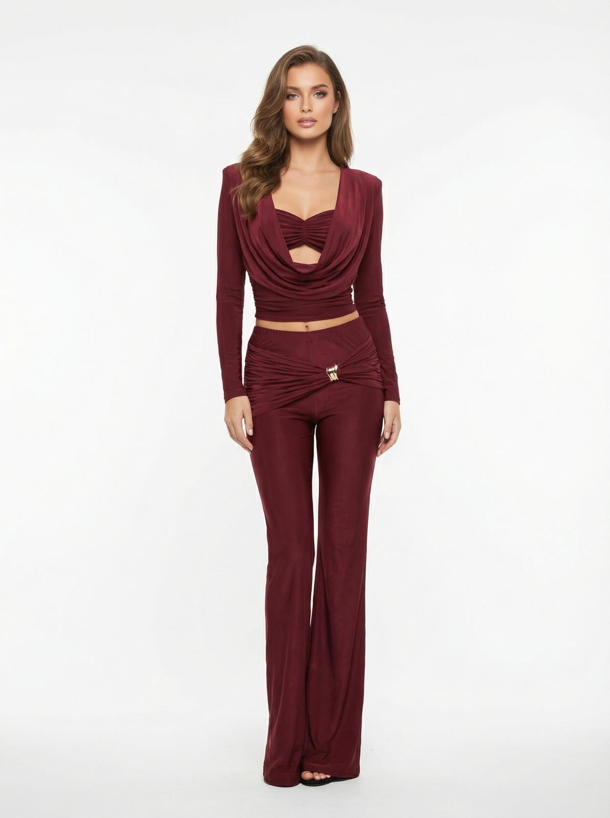 Cowl Neck Crop Top & Flared Trousers Set - Wine