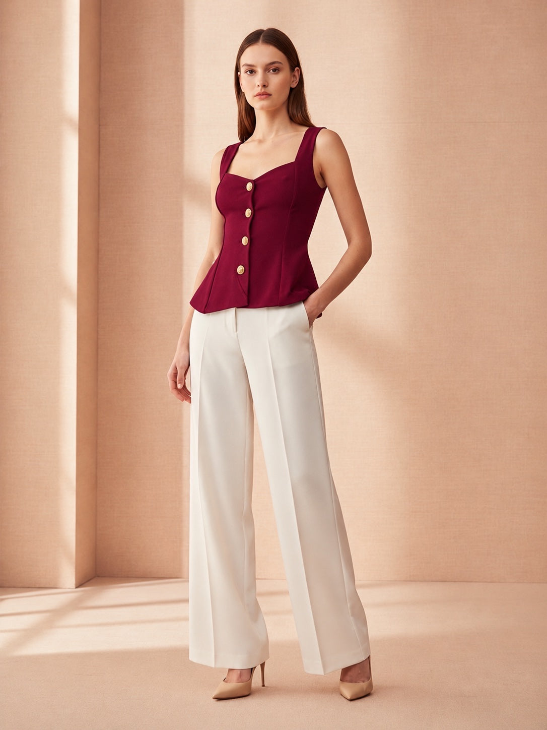 Structured Peplum Button Top - Wine