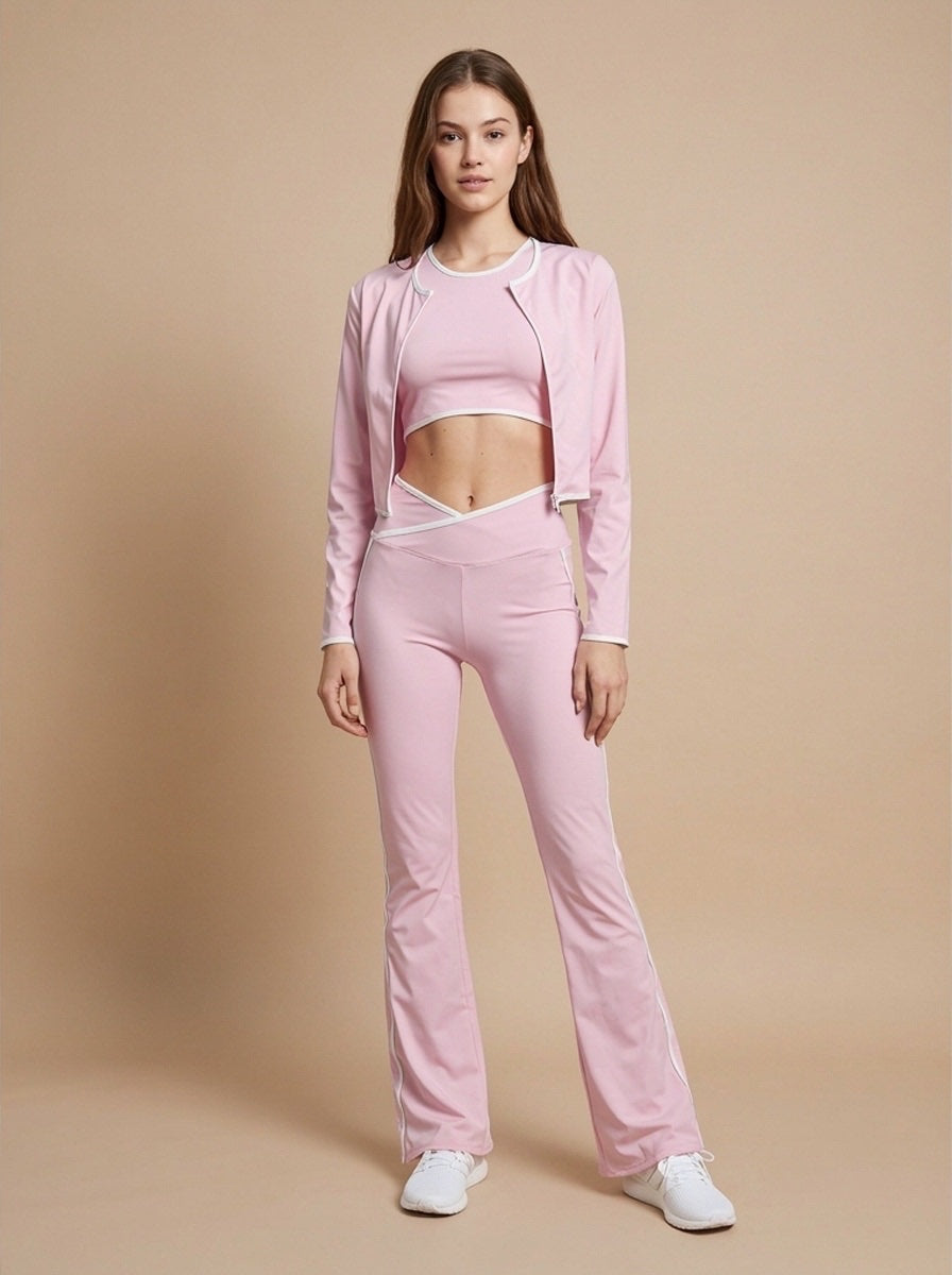3 Piece Contrast Trim Activewear Set - Baby Pink