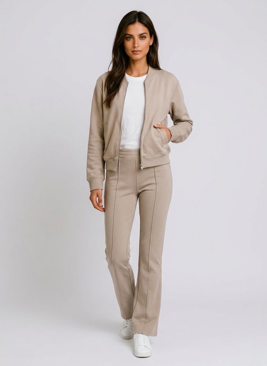 Textured Bomber Jacket and Flared Trousers Set - Dove Grey