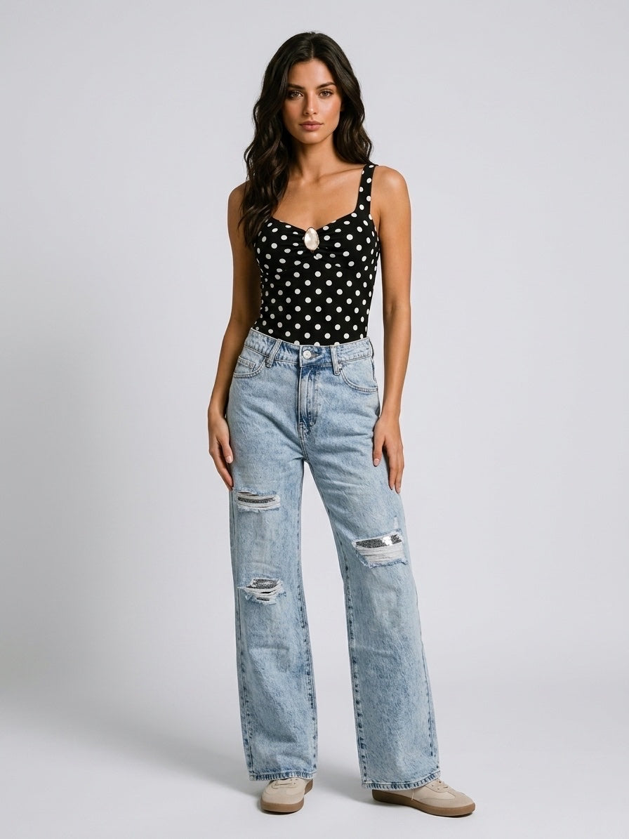Sequin Distressed Jeans - Denim Blue