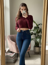 Cable Knit Cropped Sweater - Wine
