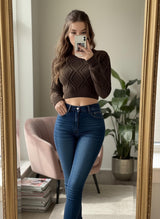 Cable Knit Cropped Sweater - Brown