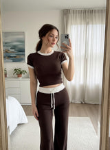 Ribbed Knit Cropped Top and Wide-Leg Lounge Co-ord - Saddle Brown