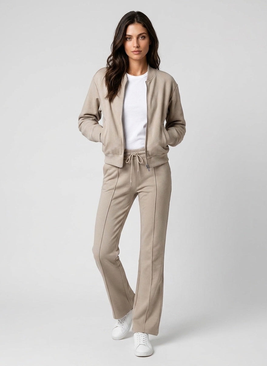 Textured Bomber Jacket and Flared Trousers Set - Beige