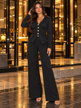 Knitted Button Detail Jacket and Wide Leg Trouser Set - Black
