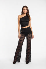 Lace One-Shoulder Co-ord Set - Black
