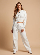 Button-Up Cropped Sweatshirt and Trouser Set - Ivory