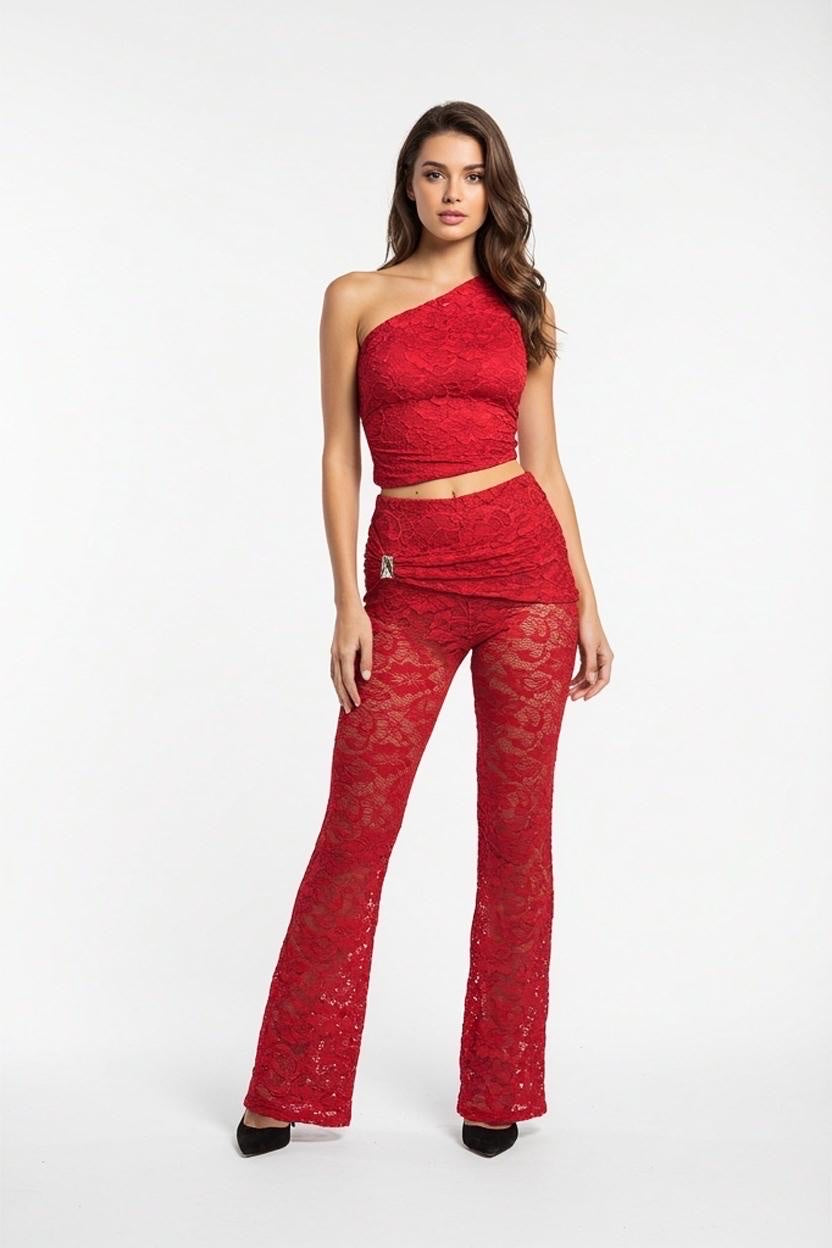 Lace One-Shoulder Co-ord Set - Red