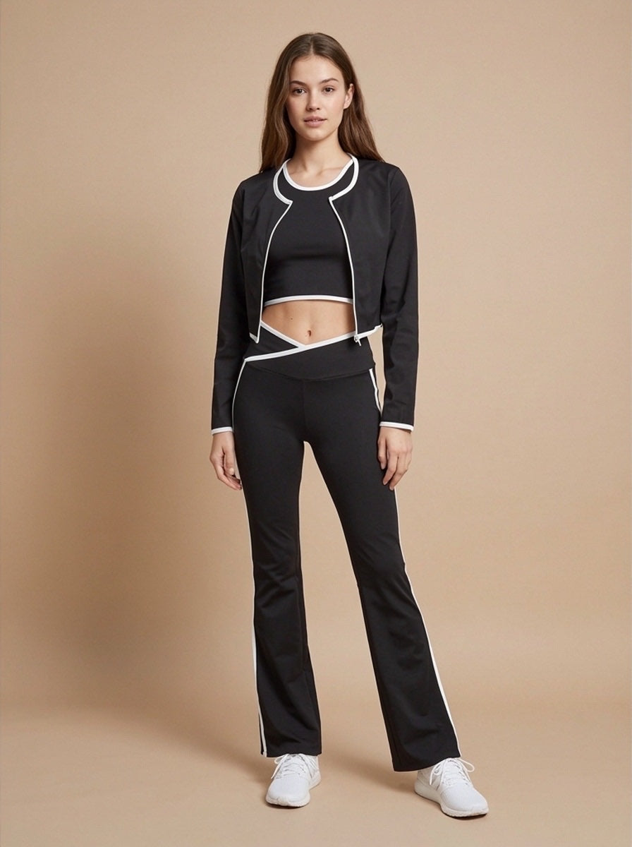 3 Piece Contrast Trim Activewear Set - Black