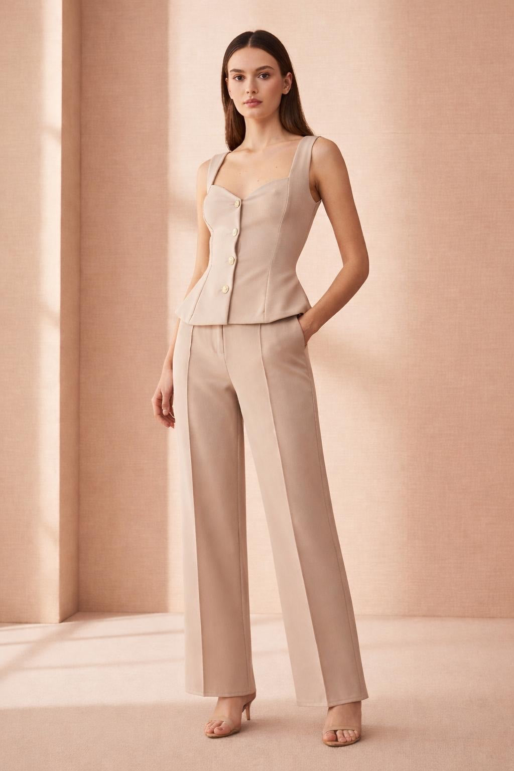 Crepe square neck suit - Beige