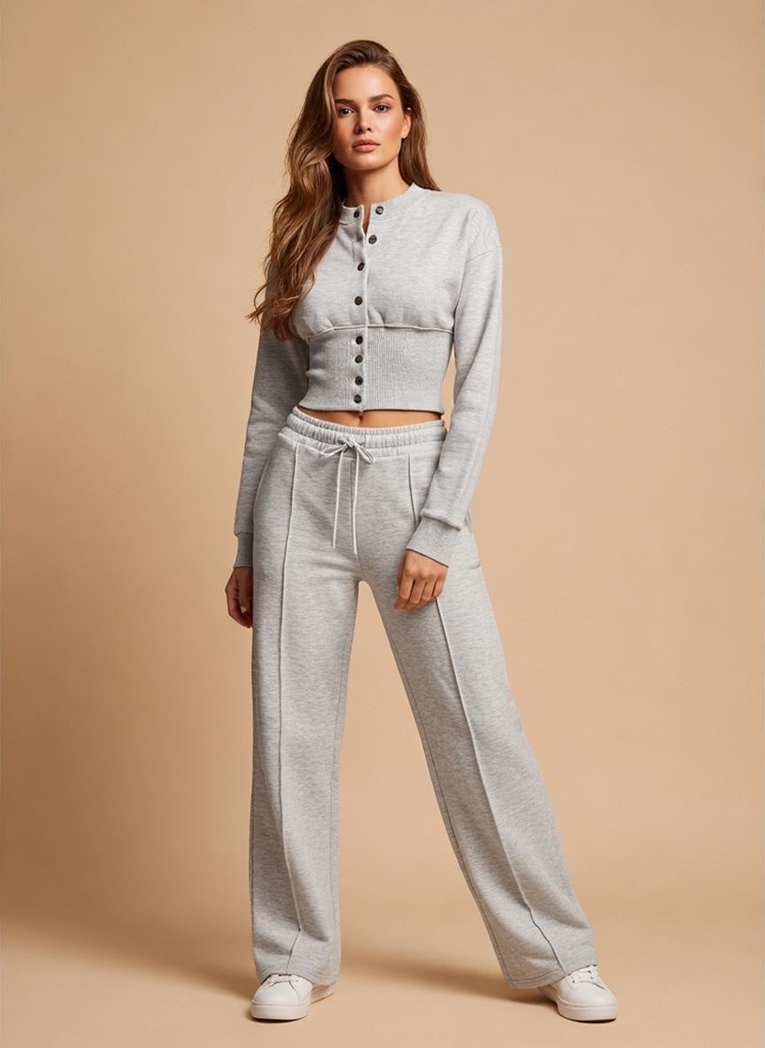 Button-Up Cropped Sweatshirt and Trouser Set - Gray