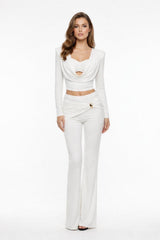 Cowl Neck Crop Top & Flared Trousers Set - Ivory