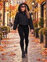 Cropped Hooded Puffer Jacket - Black