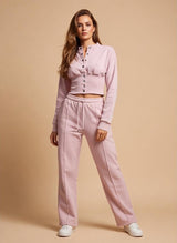 Button-Up Cropped Sweatshirt and Trouser Set - Baby Pink