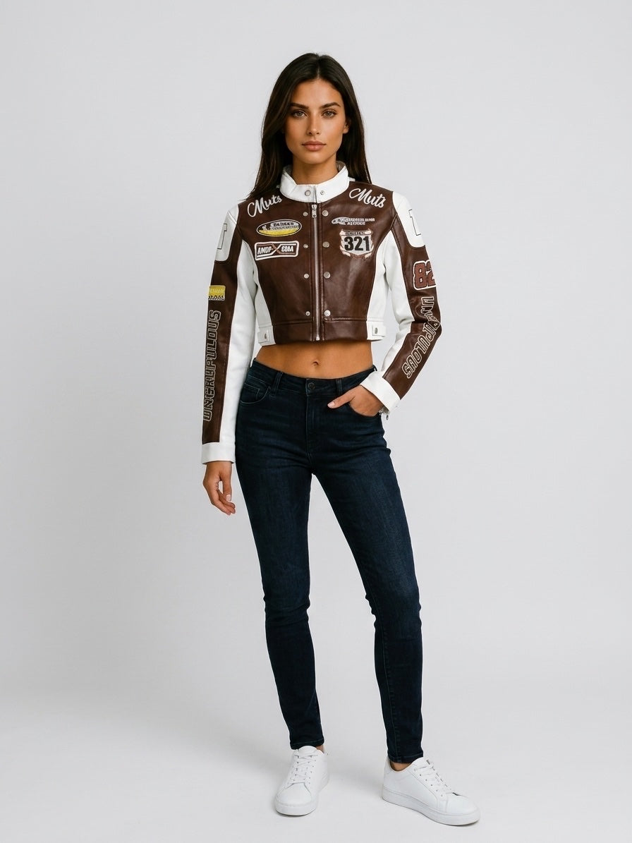 Racing Patch Cropped Jacket - Saddle Brown