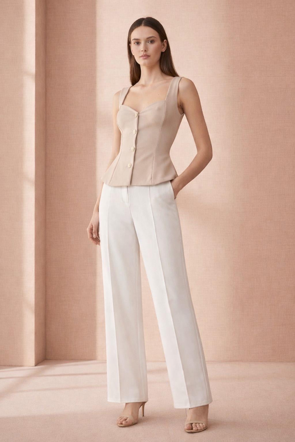 Structured Peplum Button Top - Beige
