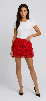 Tiered Lace Mini Skirt - Red