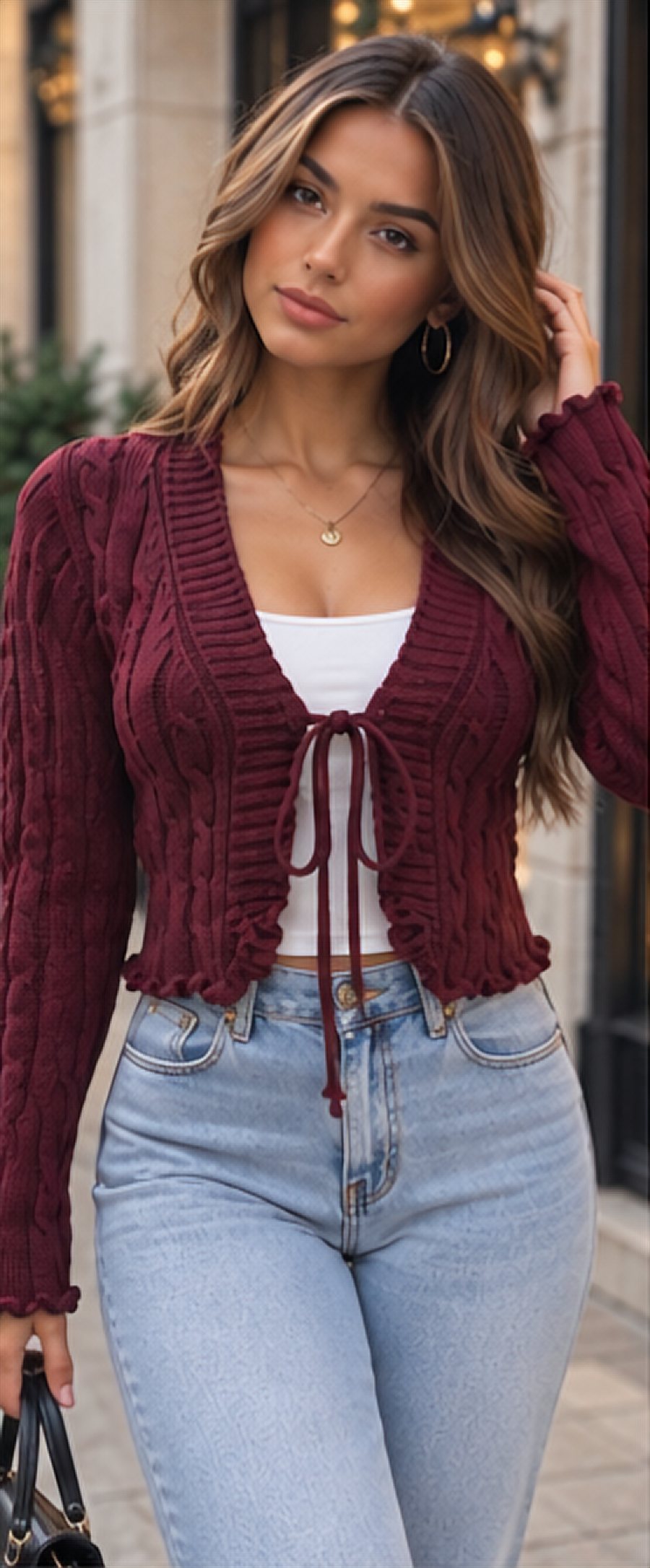 Wine cable-knit tie-front cardigan